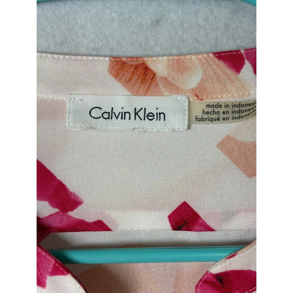 Calvin Klein Women Pink Floral Geometric Roll Tab Sleeve Button Up Blouse L - Picture 5 of 8